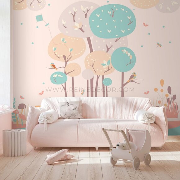 Fox and Rabbit Frolicking in a Pastel Forest Wallpaper | Whimsical Animal Wallpa - Picture 3 of 9